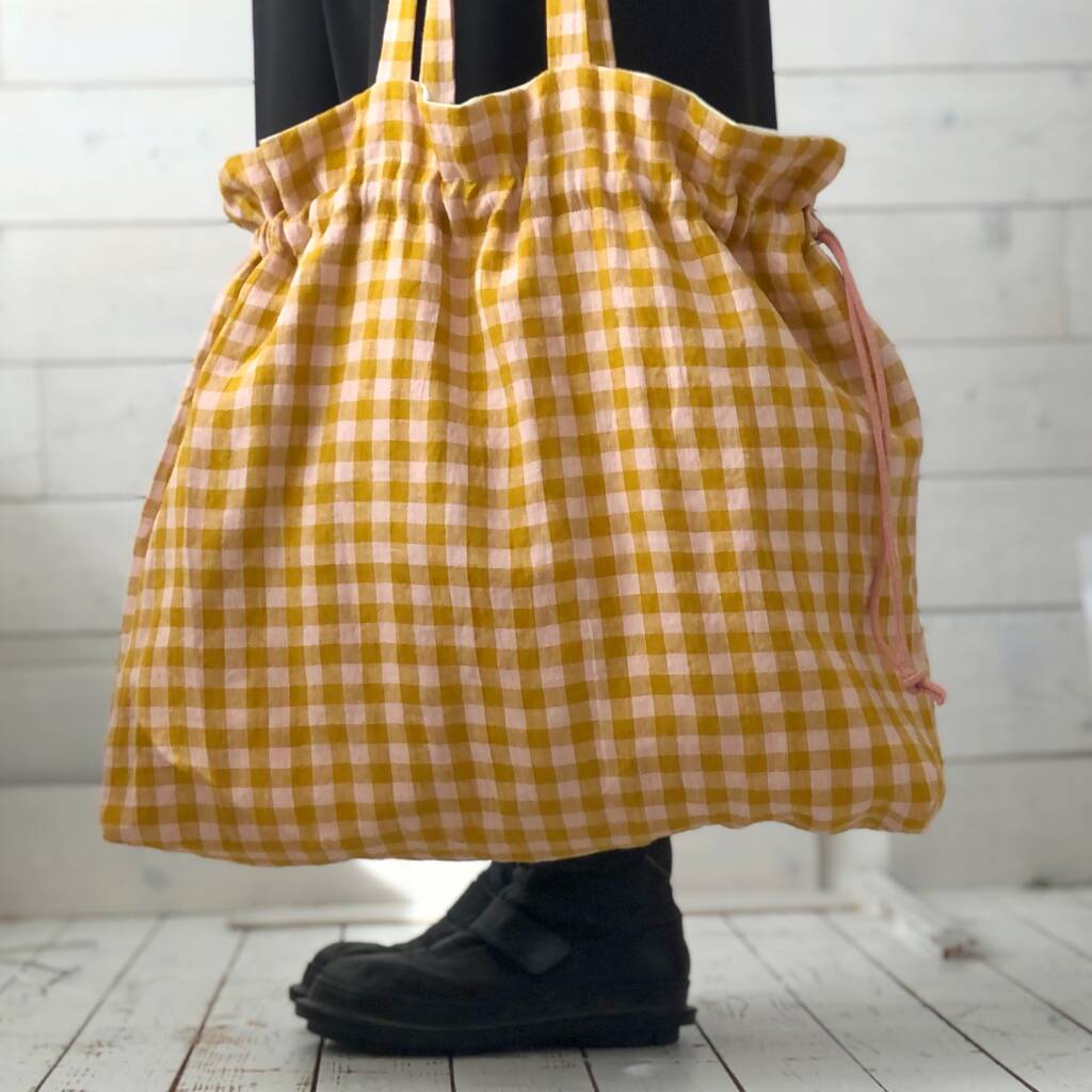 Large Linen Tote Linen Gingham Drawstring Market Bag By Kelly Connor