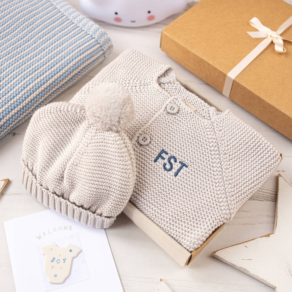 Luxury Grey Bobble Hat And Cardigan Baby Gift Box, 1 of 10