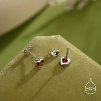 Tiny Garnet Red Cz Heart Stud Earrings, 3 of 12