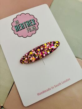 Pink And Gold Oval Glitter Resin Hair Clip / Elegant Resin Barrette / Bridesmaid Gift For Her / Glamorous Statement Hair Slide, 2 of 5