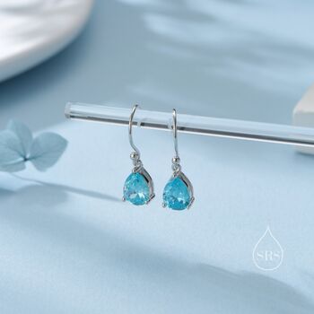 Sterling Silver Aquamarine Blue Cz Droplet Drop Earrings, 5 of 12