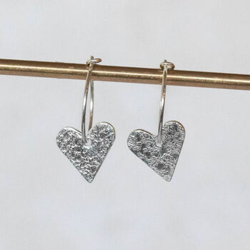 Sterling Silver Textured Heart Charm Hoops, 4 of 10