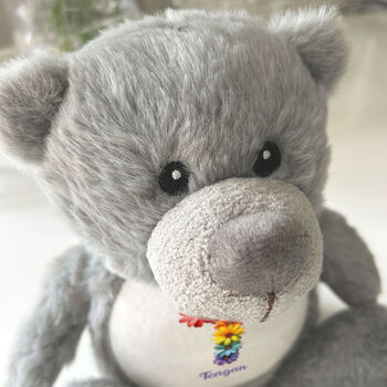 Personalised Flower Alphabet Grey New Baby Teddy Bear, 3 of 6