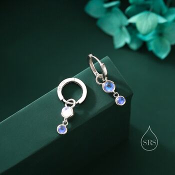 Sterling Silver Double Moonstone Dangle Huggie Hoop Earrings, 3 of 12