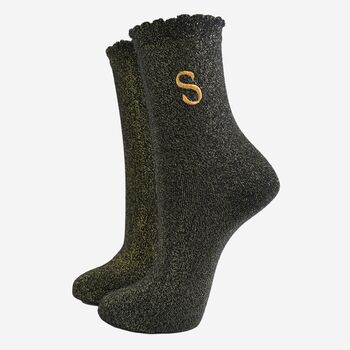 Women's Glitter Socks Black Gold Initial 'S', 2 of 5