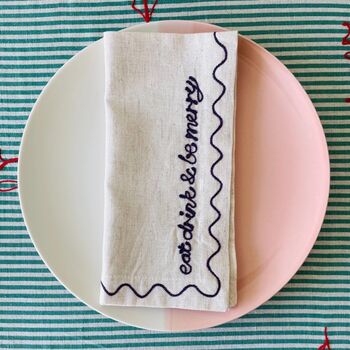 Set Of Six Embroidered Festive Phrase Napkins, 4 of 12