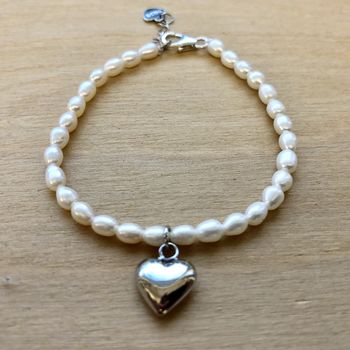 Girl's Pearl Bracelet With Sterling Silver Heart Charm, 2 of 3