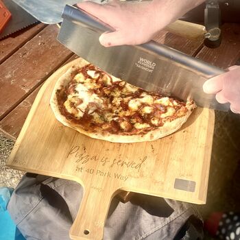 Personalised Pizza Board With Rocking Pizza Knife, 2 of 3