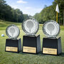 Personalised Glass Golf Circle Trophy – Black Plinth With Engraved Plate, thumbnail 2 of 2