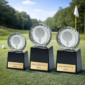 Personalised Glass Golf Circle Trophy – Black Plinth With Engraved Plate, 2 of 2