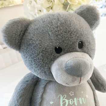 Personalised Born In 2026 Grey Plush Teddy Bear, 4 of 11