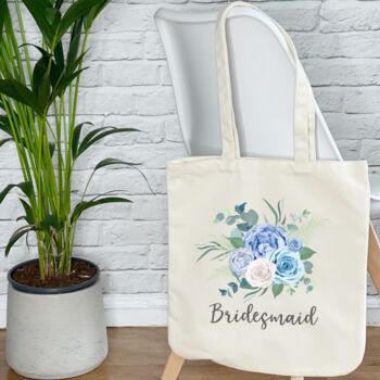 Bride And Bridal Party Blue Floral Wedding Tote Bag, 2 of 6
