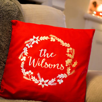 Family Christmas Wreath Personalised Cushion, 2 of 5