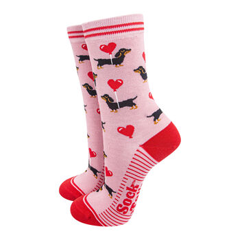 Women's Sausage Dog Love Heart Balloon Bamboo Socks Pink, 2 of 5