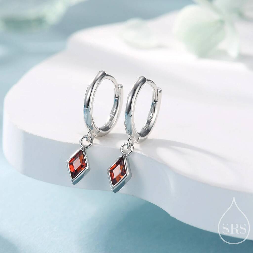 Very Tiny Rhombus Garnet Red Cz Huggie Hoop In Sterling Silver, 1 of 12