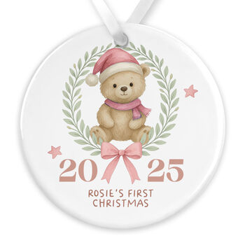 Personalised Baby's First Christmas Teddy Bear Bauble Keepsake In Pink Or Blue, 4 of 7