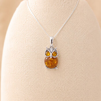 Personalised Sterling Silver Baltic Amber Owl Pendant Necklace, 5 of 10