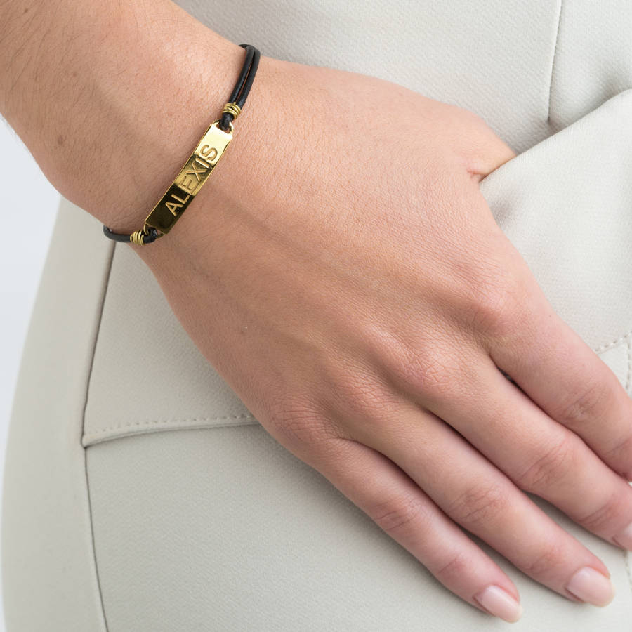 Personalised Leather Nameplate Bracelet By Lily Roo Personalised Leather Nameplate Bracelet