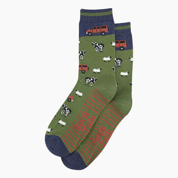 Men's Bamboo Socks Green Off Roader Farm Cows, 2 of 5