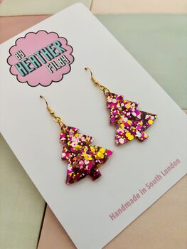 Pink And Gold Christmas Tree Glitter Resin Earrings / Pink Christmas Jewellery / Christmas Gift / Bold Sparkly Pink Holiday Accessory, 4 of 12