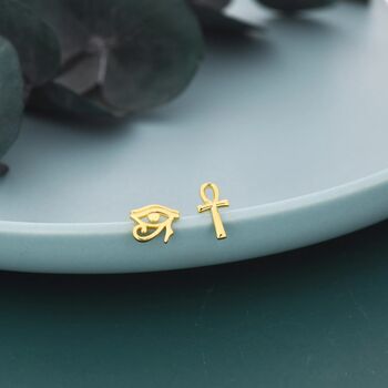 Mismatched Ankh And Eye Of Horus Stud Earrings In Sterling Silver, 7 of 12