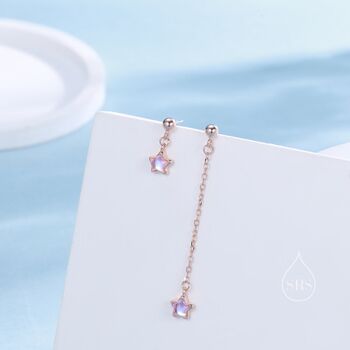 Asymmetric Tiny Moonstone Star Dangle Stud Earrings, 3 of 12
