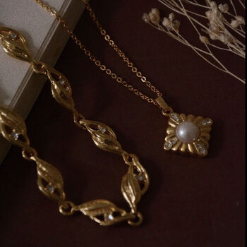 1980s Leaf Textured Gold Plated And Swarovski Necklace, 2 of 3