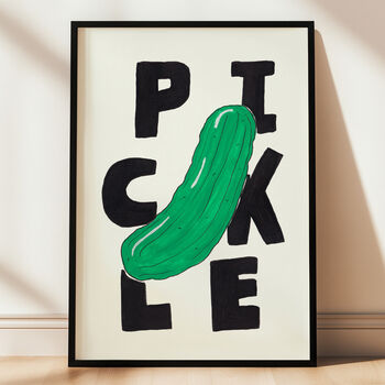 Green Pickle Hand Drawn Vegetable Illustration With Bold Typography Wall Art, 2 of 7