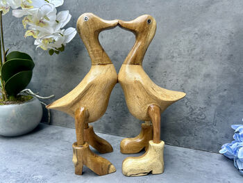 Cute Duck Couple Ornament Lovers 25cm – Bamboo Wood Heart Figurine, 5 of 12