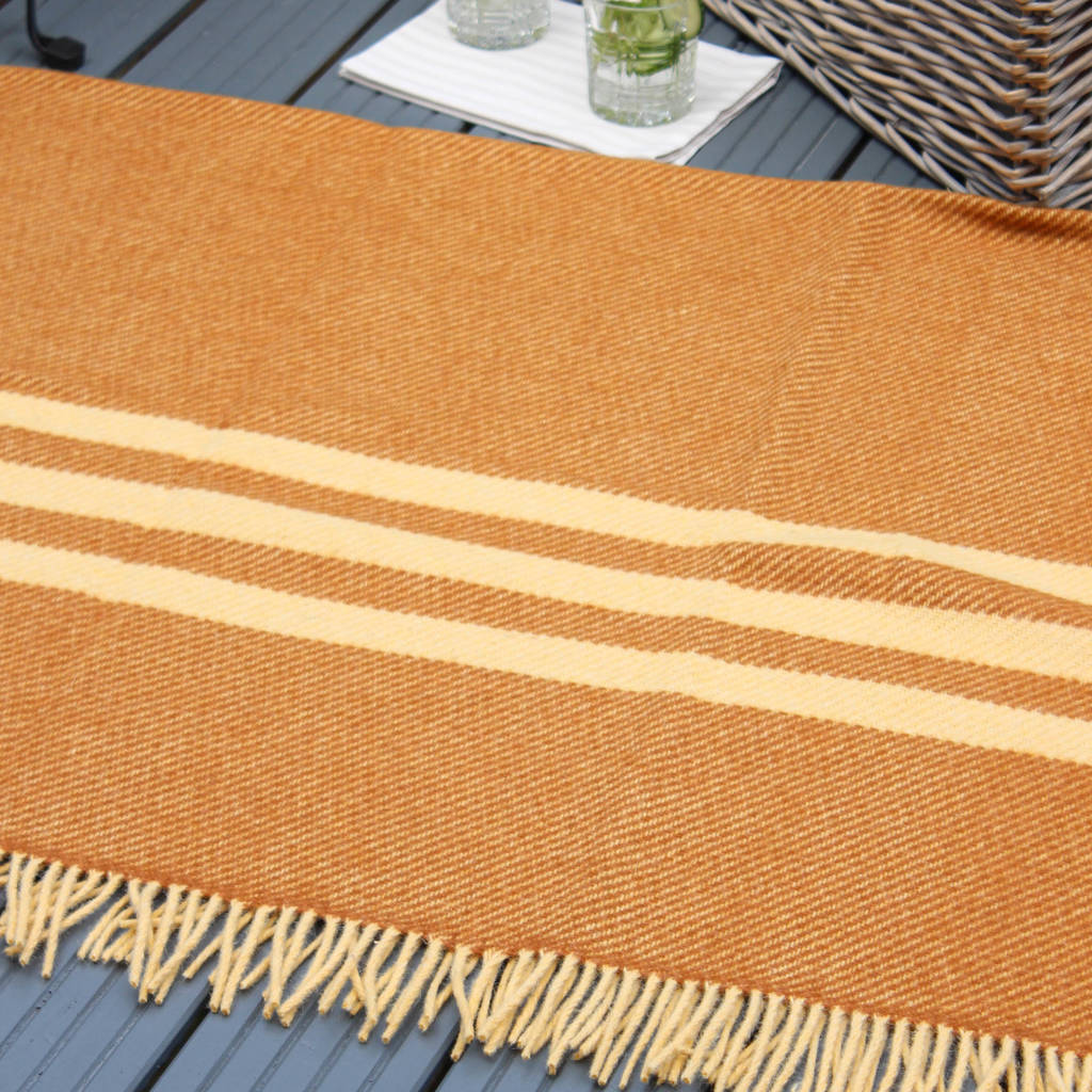 mustard stripe wool picnic blanket leather straps by marquis & dawe