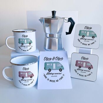 Motorvan Camp Set Enamel Mug Coffee Maker Coaster Card, 5 of 11