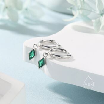 Very Tiny Rhombus Emerald Green Cz Huggie Hoop In Sterling Silver, 3 of 12