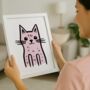 Friendly Pink Cat Print Whimsical Animal Wall Decor, thumbnail 1 of 5