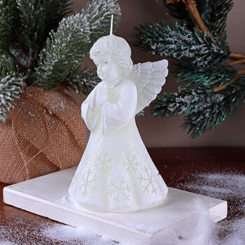 G Decor White Angel Art Candle Hand Finished With Snowflake Dress Decorative Wax Figure Symbol Of Blessings And Good Wishes, 2 of 8
