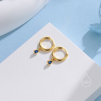 Extra Tiny Sapphire Blue Droplet Cz Hoop Earrings, 7 of 12