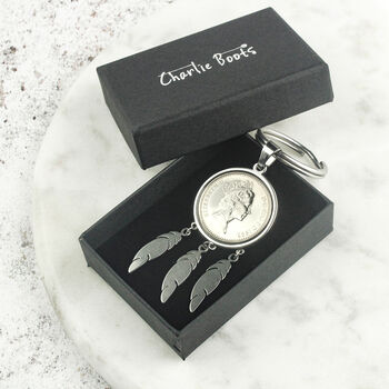 Personalised 30th Birthday Ten Pence Coin Keyring, A Feather For Every Decade, 2 of 7