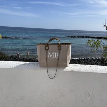 Personalised Beige And Brown Large Chain Tote Beach Bag, 2 of 9
