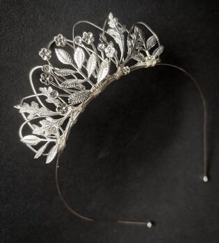 The Agatha Mini Crown Flower Girl Bridal Pearl Oak Leaf Tiara Headband, 10 of 11