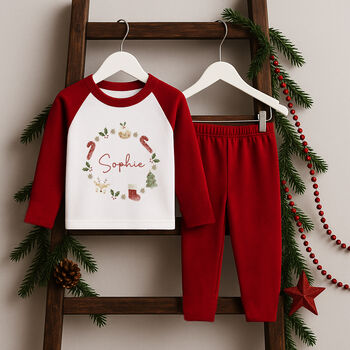 Personalised Child's Christmas Pyjamas / Pjs Red Wreath, 3 of 4