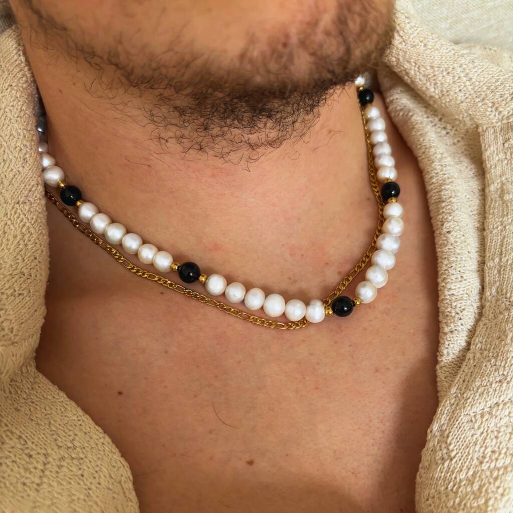 Onyx Stone Genuine Freshwater Pearl Chain Necklace, 1 of 12
