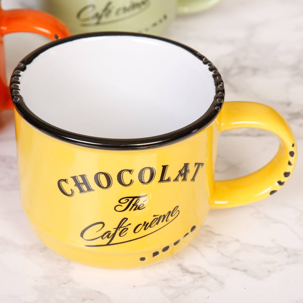 Set Of Six Retro Café Crème Enamel Coffee Mugs By Dibor