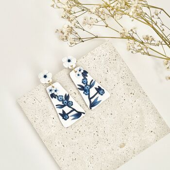 Statement Blue And White Floral Polymer Clay Earrings, 3 of 5
