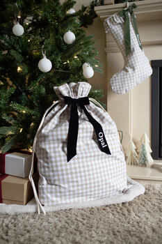 Personalised Beige Gingham Gift Sack Velvet Bow, 3 of 5