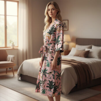 Jungle Print 100% Cotton Dressing Gown In Pale Pink, 7 of 7
