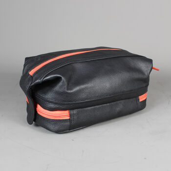 Black Leather Open Top Wash Bag With Orange Zip, 6 of 7