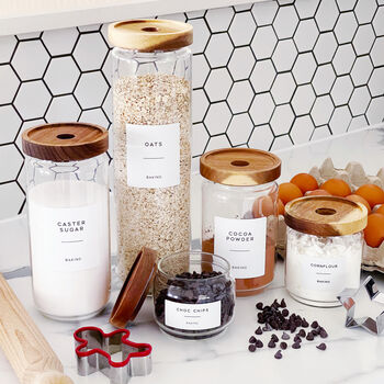Slim Storage Jar With Acacia Wood Lid And Personalised Label, 3 of 9