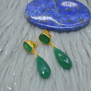 Green Onyx Gold Plated Sterling Silver Drop Earrings, 2 of 9