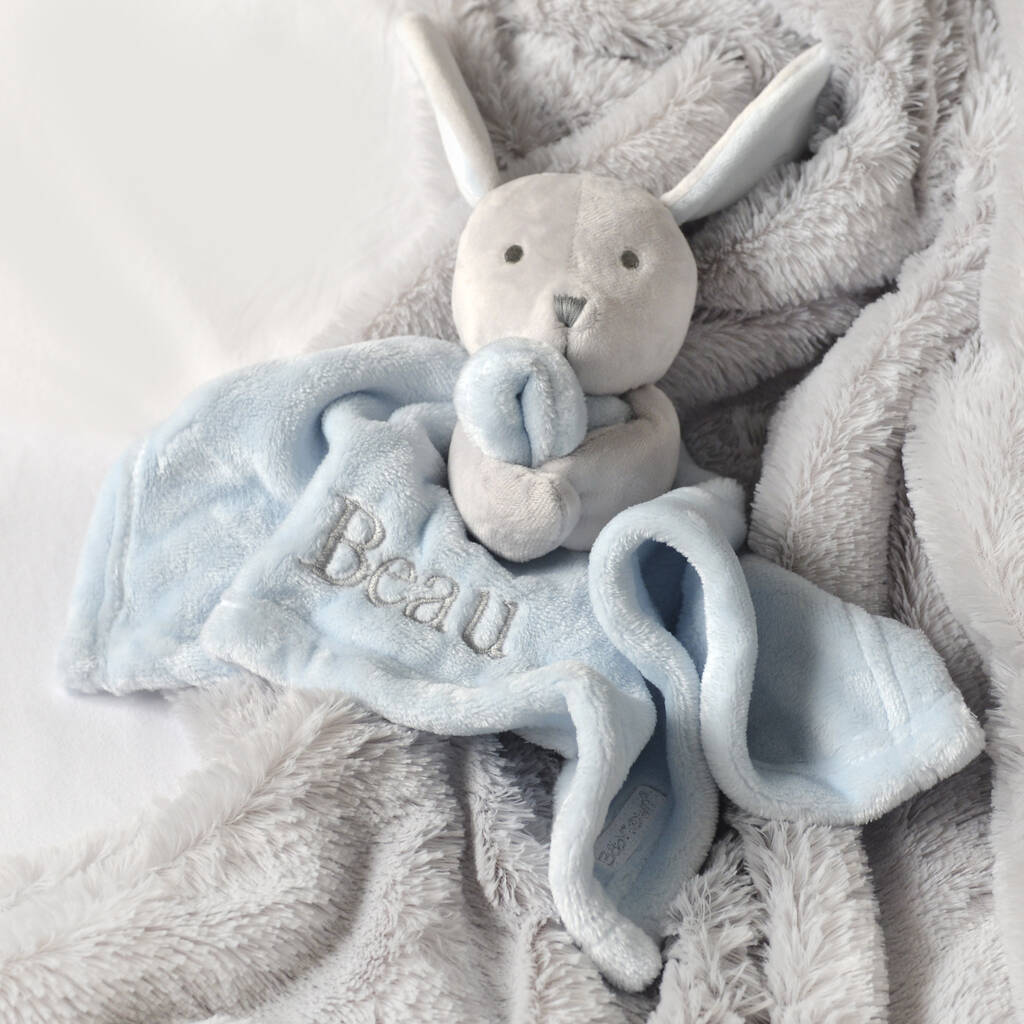 Personalised Blue Bunny Rabbit Baby Comforter, 1 of 12