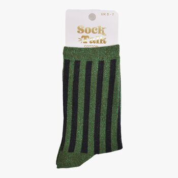 Women's Glitter Socks Khaki Black Vertical Stripe, 3 of 3