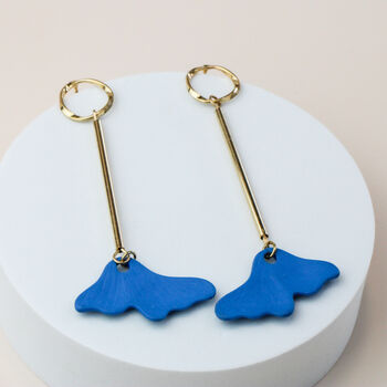 Gold Bar Drop Stud Earrings With Blue Petals, 3 of 4